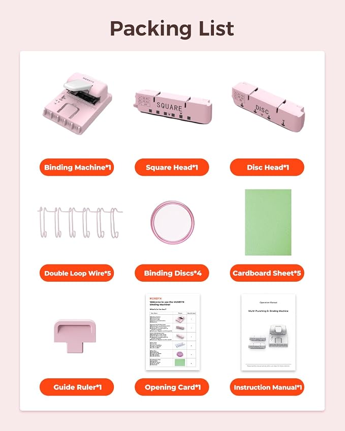 MUNBYN Multi Binding Machine with 2 Detachable Heads(Disc & Square), Pink | DIY Small Book Binder for Notebooks, Calendars, Albums, Journals at Home, School, Office