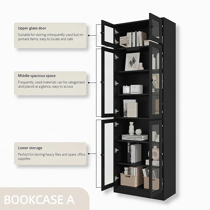 TUSY 85.5" Modern Tall Bookcase with Glass Doors, 7-Tier Wood Bookshelf with Storage for Home Office, Large Curio Cabinet for Living Room, Office, Bedroom, Family Room (Black, A)