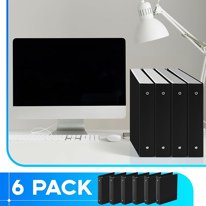 Henoyso 2 Inch 6 Pack Mini 3 Ring Binders for 5.5"x8.5" Paper,Black | Holds 375 Sheets, Plastic Small Binders, Round Three Rings, Flexible PP Covers, School Office, Photo Album Planner Journal