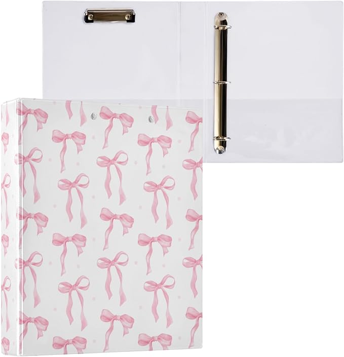 Pink Coquette Bow Binder 1.5 Inch Binder with Clipboard&Pockets, Preppy Cute Bow Riband Hardcover Binders 3 Ring, Heavy Duty Large File Folder for Office School Supplies, Holds 200 Sheets-2 PC
