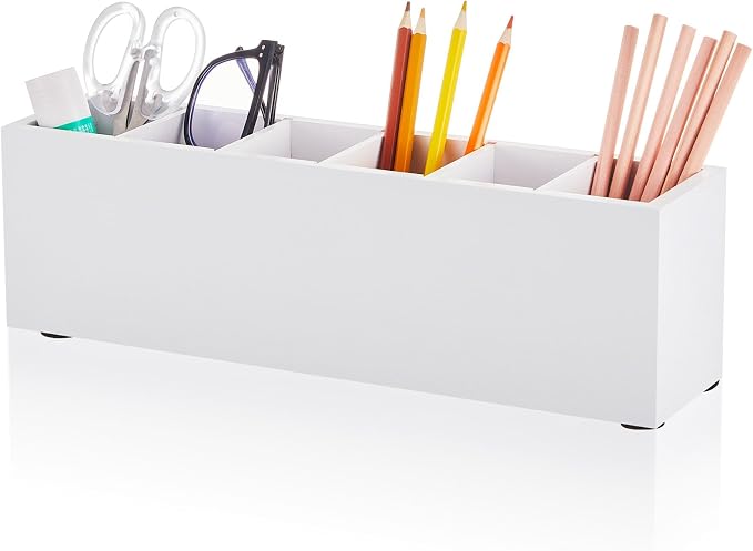 Jetec Wooden Pencil Pen Holder for Desk 6 Compartments Cosmetic Makeup Brush Stationery Office Desktop Organizers for Countertop Adjustable Silverware Caddy for Party, Art Supplies,Home(White)