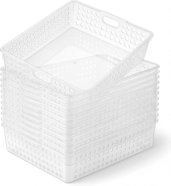 Geetery 12 Pack Classroom Storage Baskets with Handle,Clear | 14''x10'' Paper Tray Holds A4 Turn in Trays Plastic Paper Baskets Desk Organizer Bin for Classroom, Library, Office, Home