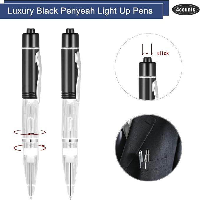 Penyeah Light Up Pen, Black Led Pens With Light for Writing in Dark Places, 0.7mm, Black Ink Ballpoint Pens For School/Camping/Events - White/Red/Green/Blue (Pack of 4)