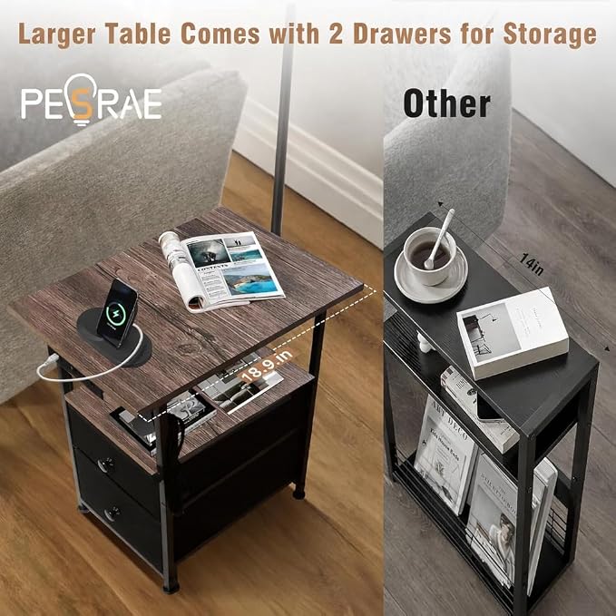 PESRAE Floor Lamp with Table & 2 Drawers, End Table with 3 Color Temperature Reading Light, Side Table Lamp with USB & Type C & AC Charging Port for Bedoom, Home Office