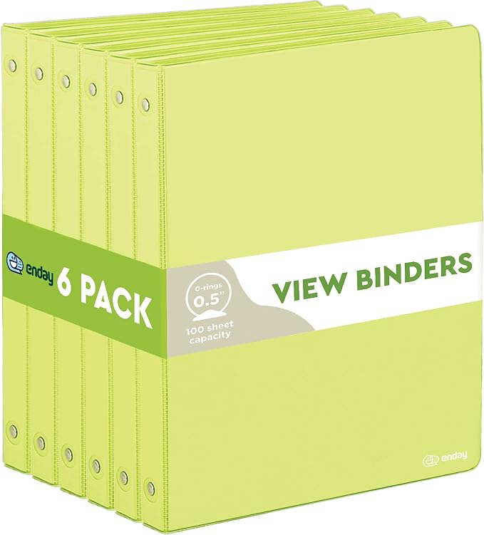 Enday 1/2 inch Binder 3 Ring Binder (6 Pack - Green) O-Ring Binder with Clear View Cover and 2 Inside Pocket - for Letter Size 8.5 x 11'' Paper, Ideal for School Supplies, Office, and Home