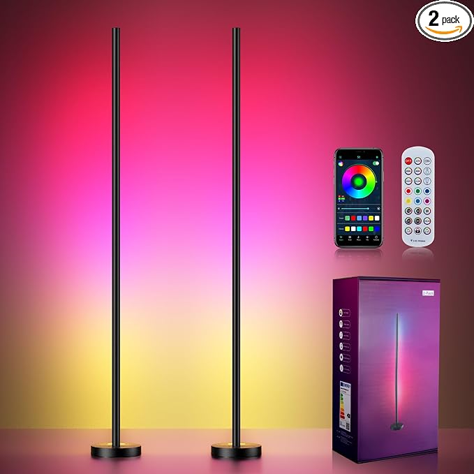 Smart RGBICW LED Corner Floor Lamp 2 Pack - 16 Million DIY Colors, 68+ Scenes, Music Sync, App & Remote Control, Color-Changing Ambient Lighting for Living Rooms, Bedrooms, and Gaming Rooms