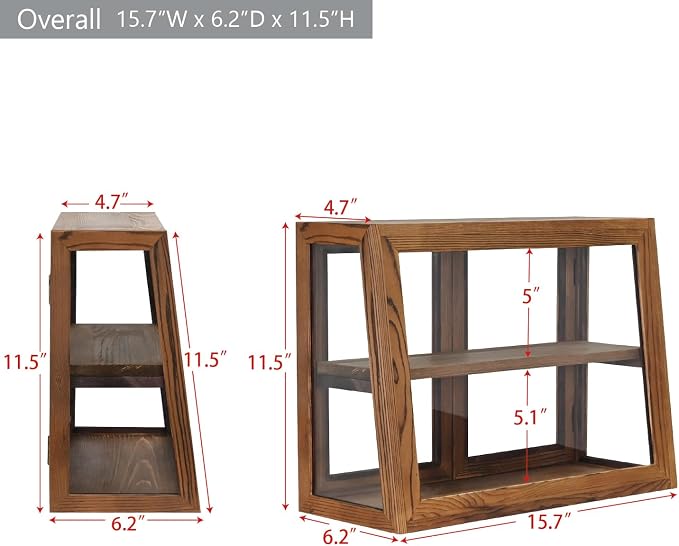 MOOCA Wood 4 Sides Glass Display Case with Double Doors, Adjustable Shelf | Brown wood-and-glass display case with double doors and adjustable 2-level storage for collectibles, jewelry, or pastries.