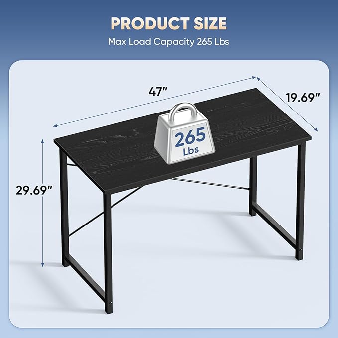 DUMOS 47 Inch Small Computer Desk, Gaming Desks for Home Office Bedroom | Modern Study Writing Work Table, Craft PC Desk Simple Workstation with Reinforcement Structure, Black