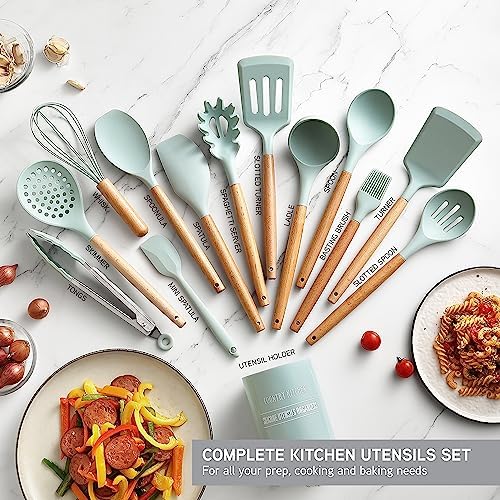 Country Kitchen Non Stick Silicone Utensil Set with Rounded Wood Handles for Cooking and Baking, 14 Piece Set, Mint