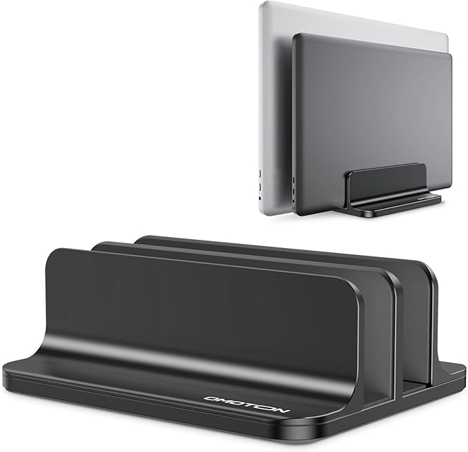 OMOTON Dual Vertical Desk Laptop Stand Holder, Fits MacBook Air/Pro, Black | Aluminum Laptop Storage Rack for Desk, Adjustable Dock for Up to 17.3 in. Gaming Laptop, Space-Saving Desk Organizer