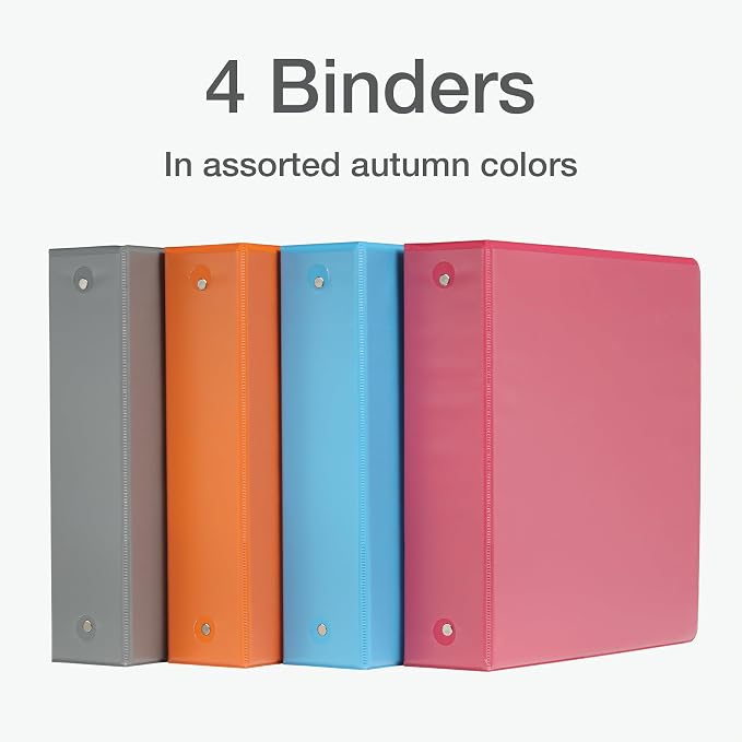 Cardinal 3 Ring Binders, Binders for School and Office, Durable 2 Inch, Round Rings, Holds 475 Sheets, ClearVue Presentation View, Non-Stick, Assorted Autumn Colors, 12 Pack (1002481)
