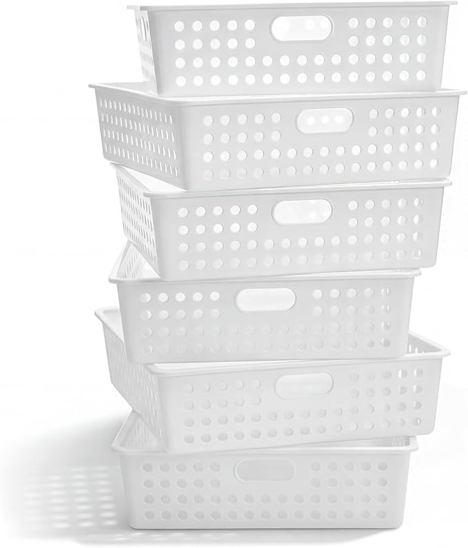 Geetery 6 Pack Classroom Storage Baskets with Handle,White | 14''x10'' Paper Tray Holds A4 Turn in Trays Plastic Paper Baskets Desk Organizer Bin for Classroom, Library, Office, Home