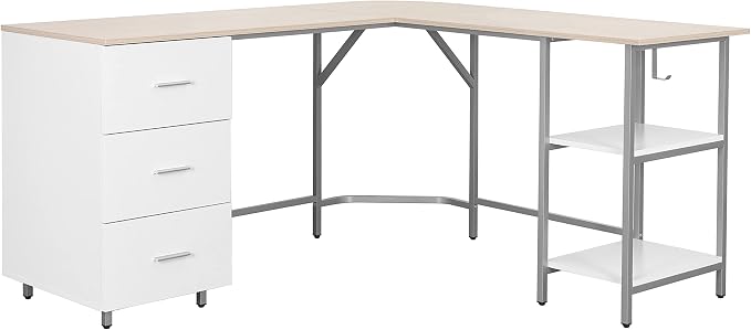 Techni Mobili 59" Two-Tone L‑Shaped Office Desk with Storage Shelves, Sand | 59" two‑tone L‑shaped desk with storage shelves, durable frame, modern corner workstation, spacious home office writing space
