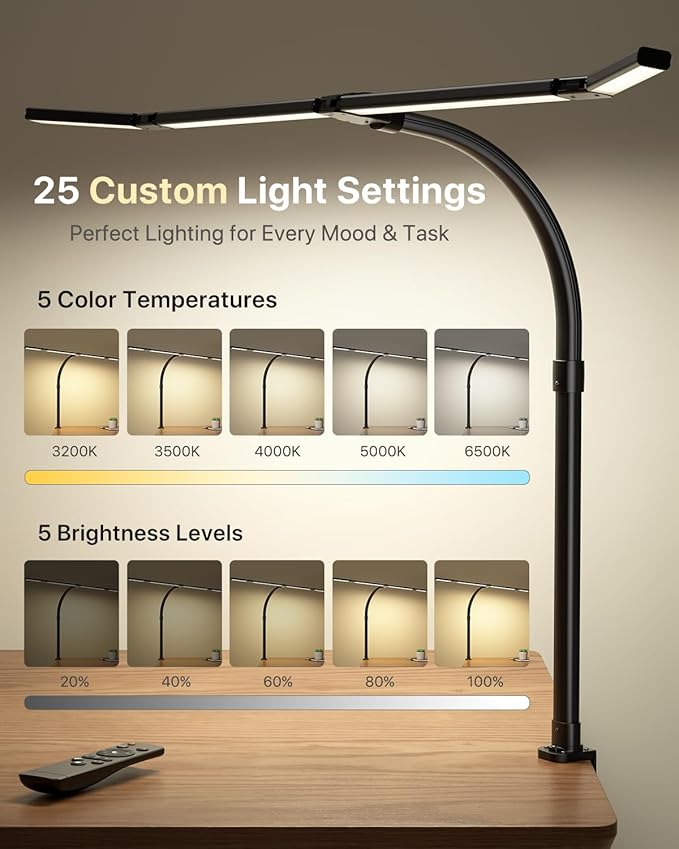 ONEMIX LED Desk Lamp with Clamp, 42-Inch 4-Panel Light for Dual Monitors | 1800 Lumens, 4 Adjustable Panels, 5 Color Temps, 5 Brightness Levels, Remote, Timer, Flicker-Free for Home Office
