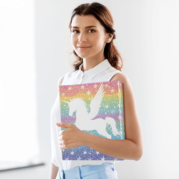 JIPONI 3 Ring Binder Winged Unicorn and Stars 1 Inch Round Binders for Men Women Students, Cute File Organizer for Office School, 1pc