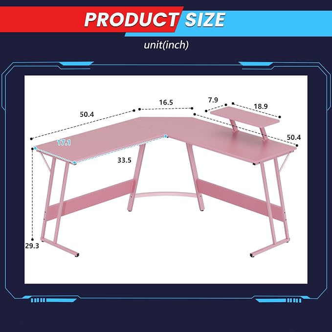 FDW L Shaped 51 Inch Gaming Desk,Corner Computer Desk,PC Gaming Desk,Writing Workstation with Large Monitor Stand for Home Office,Soft Pink