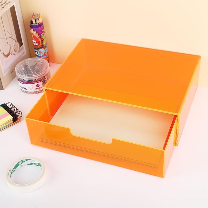 Gelite Acrylic Desk Organizer with Drawer for Makeup Vanity Stackable Desktop Storage Box for Office Supplies, 13.8 x 9.8 x 3.9’’, Neon Orange