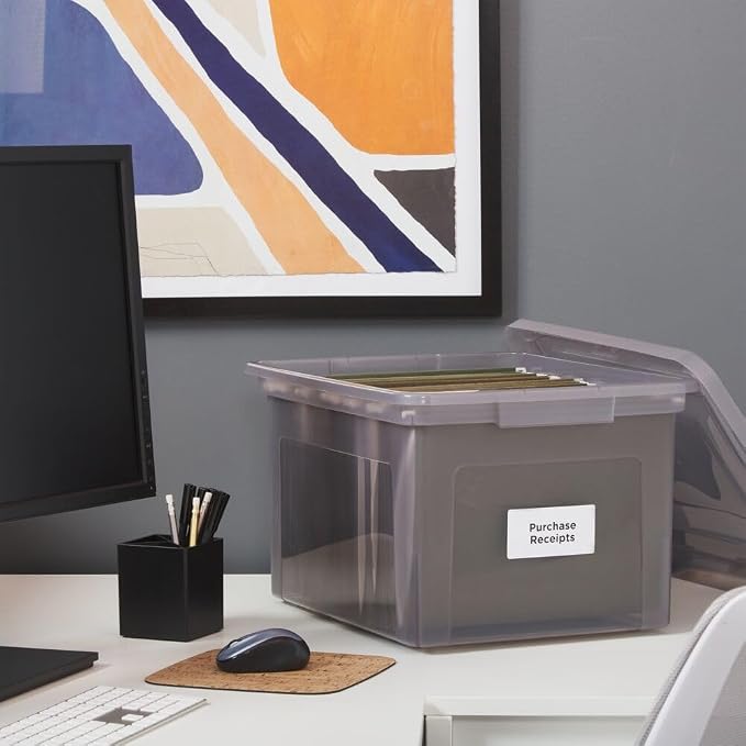Staples Plastic File Box with Snap Lid, Letter/Legal, Frost Gray, 2-Pk | Stackable storage box keeps hanging files organized and protected.
