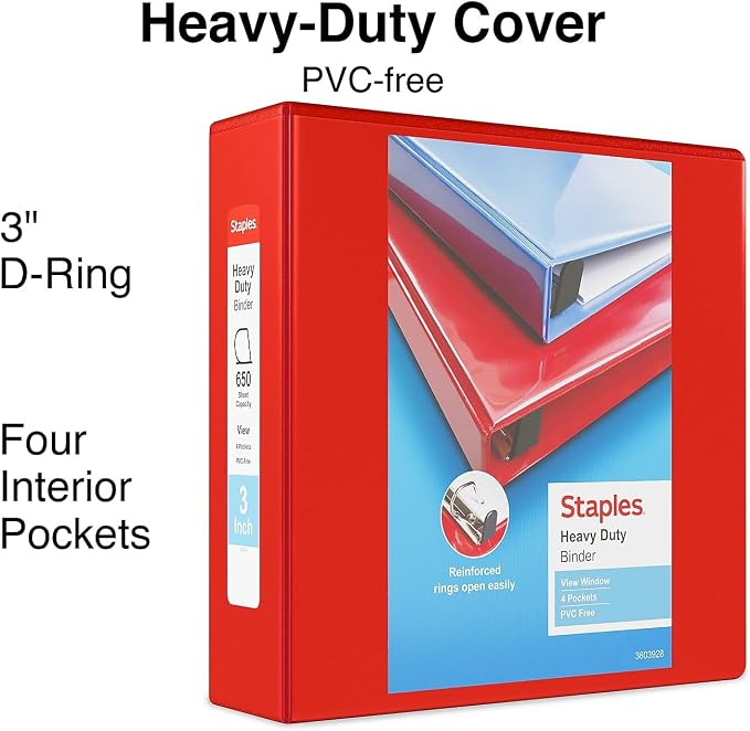 Staples Heavy Duty 3-Inch 3-Ring View Binder, Red, 2-Pack | Durable D-rings, 4 interior pockets, and clear overlay for high-capacity storage.