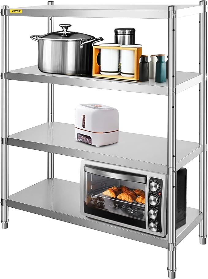 VEVOR Stainless Steel Shelving 46.8x18.5 Inch 4 Tier Adjustable Shelf Storage Unit Stainless Steel Heavy Duty Shelving for Kitchen Commercial Office Garage Storage 330lb Per Shelf