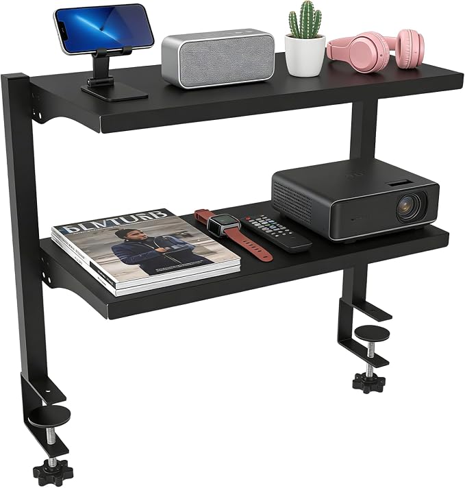 2-Tier Clamp-On Desk Shelf Organizer, Steel 16in Desk Shelf, Large | Heavy Duty, Expandable Above/Under Desk Storage Shelves, Desktop Extender Accessories for Office Study Room and Game Rooms