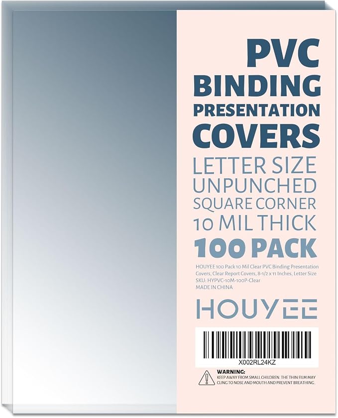 HOUYEE 100 Pack 10 Mil Clear Binding Presentation Covers,PVC,8.5" x 11" | Clear Covers for Binding, Transparent Plastic Binding Covers, Square Corner, Letter Size, for School Office