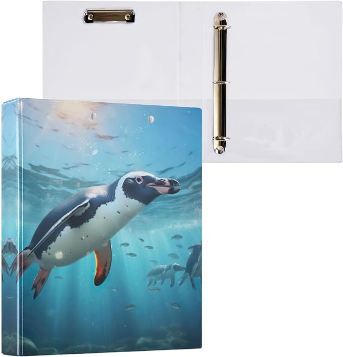 SPRIPORT Penguins Under The Water 1.5 Inch 3 Ring Binder Holds 200 Sheets for Office Supplies Durable PVC Round Ring Binder with Interior Clear Pockets Binder Organizer for Woman Man Home Work