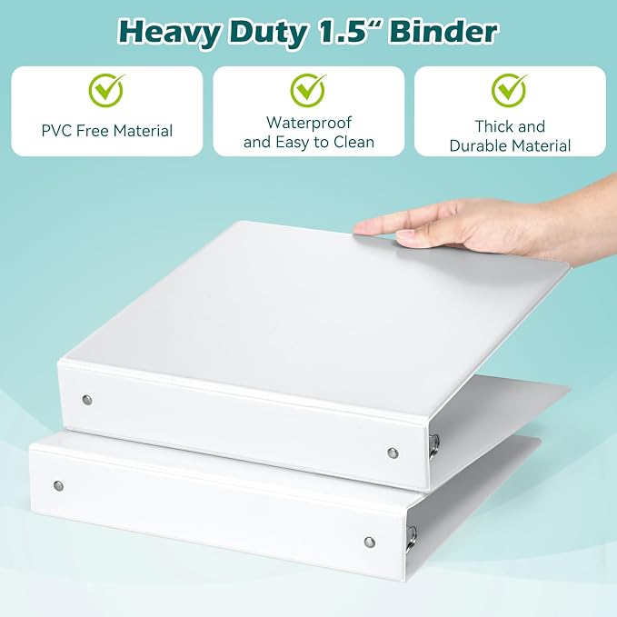 Heture 3 Ring Binder 1.5 Inch 6 Pack, 1-1/2" Clear View with Round Rings, PVC-Free,Holds for 325 Sheets 8.5X 11 US Letter Size Paper, Durable White Binders Perfect for Office,School and Home