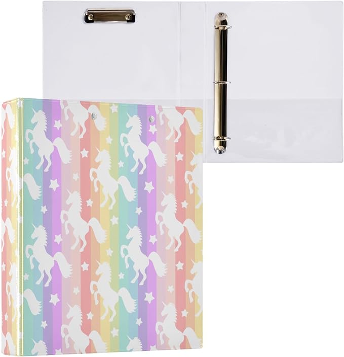 Unicorn Rainbow Colored Star Unicorns Binder 1.5 Inch Binder with Clipboard&Pockets, Hardcover Binders 3 Ring, Heavy Duty Large File Folder for Office School Supplies - Holds 200 Sheets-2 Pack