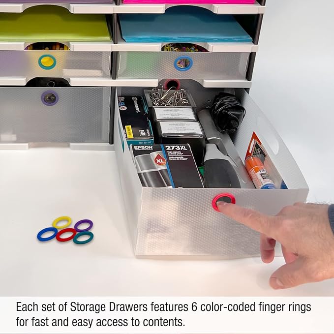 Ultimate Office TierDrop Storage Drawers, 9w x 12d x 4.75h, Set of 3, Clear | Color-coded finger rings for easy access to contents; stores desk accessories and supplies; designed for TierDrop organizers