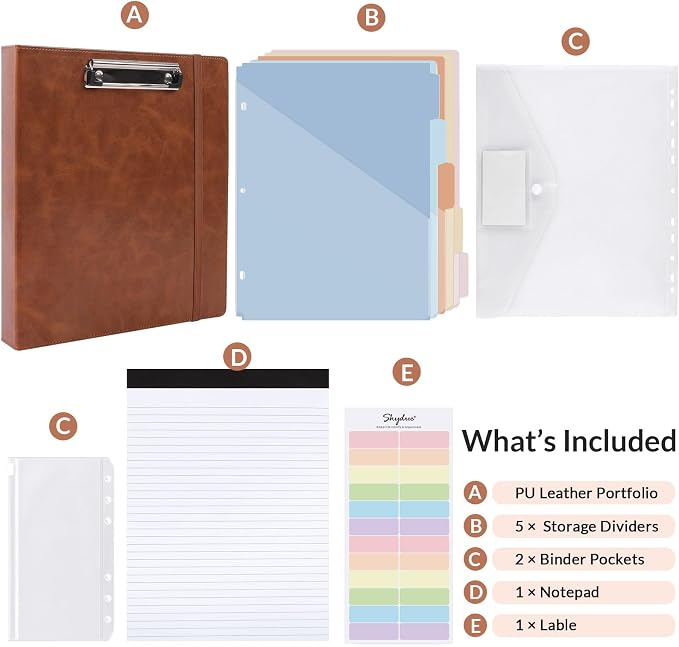 SKYDUE 3 Ring Binder with Clipboard,1 Inch Binder, 13.2" × 10.2" PU Clipboard Binder with Notepad & 5 Dividers with 5 Pockets, Labels, Clipboard Folder Great for School Office(Fit Letter Sized Paper)