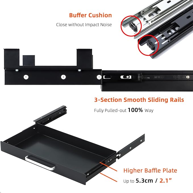 Under Desk Drawer 21" with 4 Divider Trays, Storage Drawer Organizer | Black, Under Counter, Desk Accessory, Attachable for Workbench, Adjustable Brackets, for Desk Lip with Crossbar, Clamp Mount