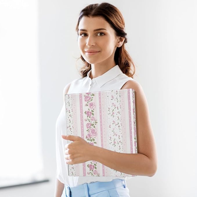 Pink and White Striped Rose Floral Binder 1.5 Inch Binder with Clipboard&Pockets, Hardcover Binders 3 Ring, Heavy Duty Large File Folder for Office School Supplies - Holds 200 Sheets