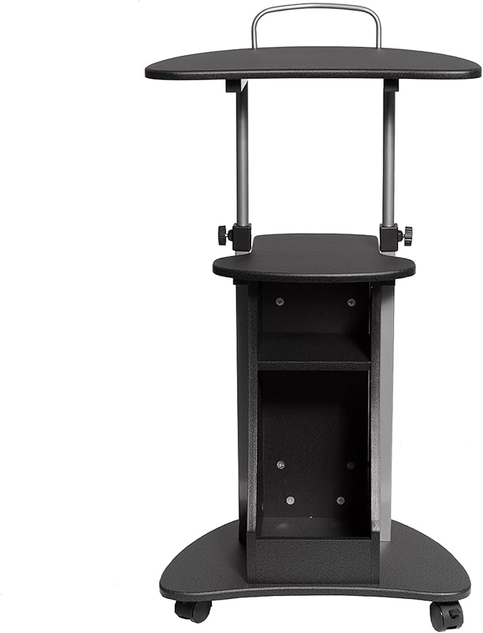 Techni Mobili Adjustable Height Rolling Laptop Cart with Storage, Graphite | Adjustable height rolling laptop cart with storage drawer, open shelf, wheels, sit‑stand design for office or medical use