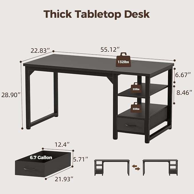 54 in Computer Desk with Drawer, 1" Thick Reversible Office Desk | Large Modern Writing Table with Storage Shelves, Heavy Duty Industrial Executive Desk for Home Bedroom Study Work
