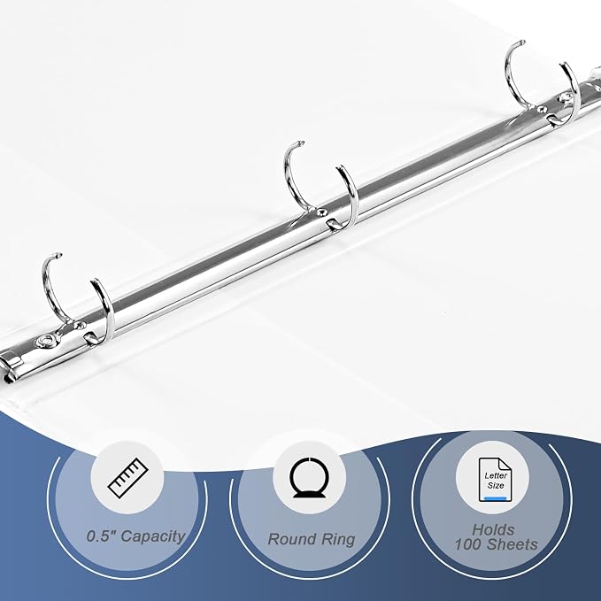 0.5 Inch 3 Ring Binders, 12 Pack White Slim Binders with Clear View Covers and 2 Interior Pockets, Half Inch Round Ring Binder Holds 100 Sheets of 8.5 x 11 Inch Paper