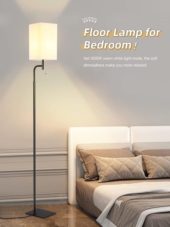 Modern Floor Lamp for Living Room, Linen Shade with Slim Base Design | Fits behind sofas and sectionals|Space-saving design for compact spaces|3 color temperatures for bedrooms and offices