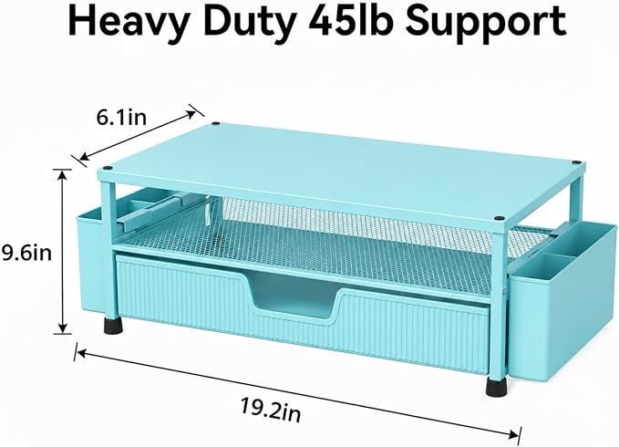 ECOLOVI Desk Organizer and Accessories, 2-Tier Computer Monitor Stand Rise with Storage Drawer & 2 Pen Holders, Laptop & Printer Stand for Desktop, Workspace Organizers for Office Supplies (Blue)