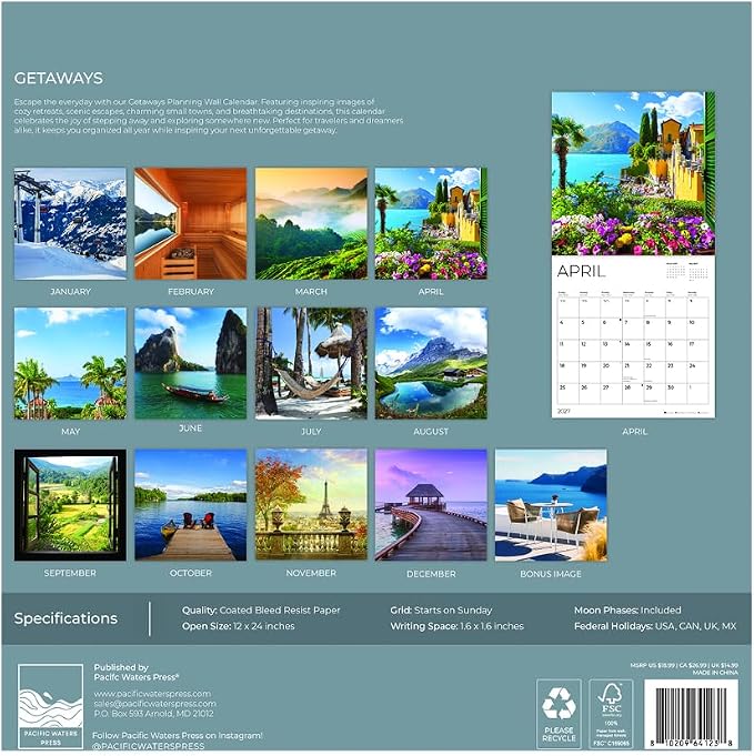 Getaways 2027 Wall Calendar, 12 x 24 Hanging Pacific Waters Press