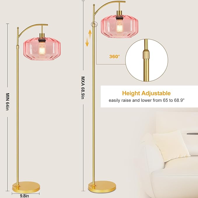 Gold Floor Lamps for Living Room Bedroom,Glass Floor Lamp with Remote Control & Pink Lampshade,Arc Dimmable Floor Lamp Mid Century Modern Standing Lamp Vintage Tall Floor Lamps for Bedroom Corner
