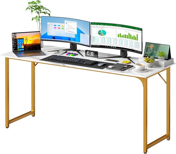 PayLessHere | 63 Inch Computer Desk | White Gold | Office Desk with Metal Frame, Adjustable Feet | Water-Resistant, Scratchproof Surface | Sturdy Writing Table for Home Office or Study | Pack of 1