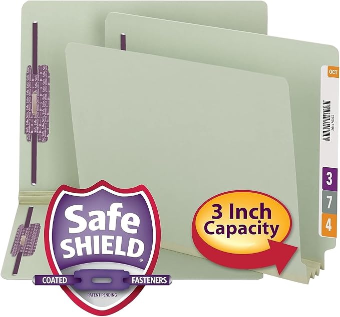 Smead End Tab Pressboard Fastener File Folder with SafeSHIELD Fasteners, 2 Fasteners, 3" Expansion, Letter Size, Gray/Green, 25 per Box (34725)