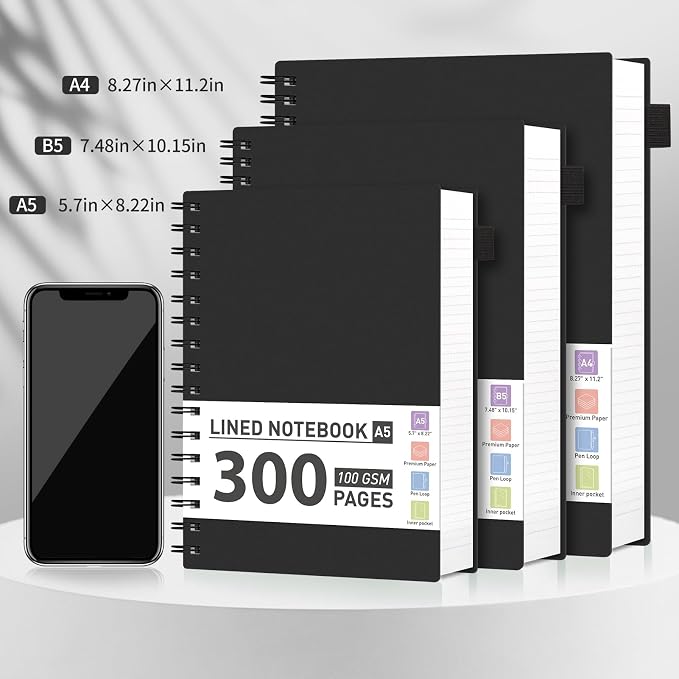 AHGXG Spiral Notebook College Ruled - Spiral Journal A5 Smal Notebooks for Work, 100GSM Thick Paper, Plastic Hardcover, for Office School Writing Notes,5.7" x 8.3", Black