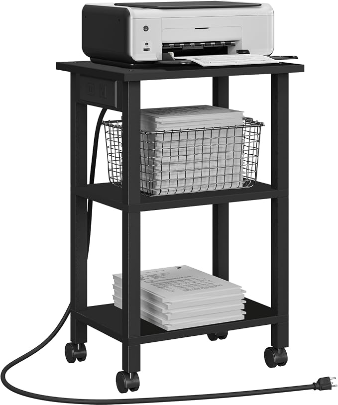 TUTOTAK Printer Stand, 3 Tier Rolling Printer Cart with Charging Station | Small Under Desk Printer Table with Wheels for Small Space, Office, Home, Black PS01BK001