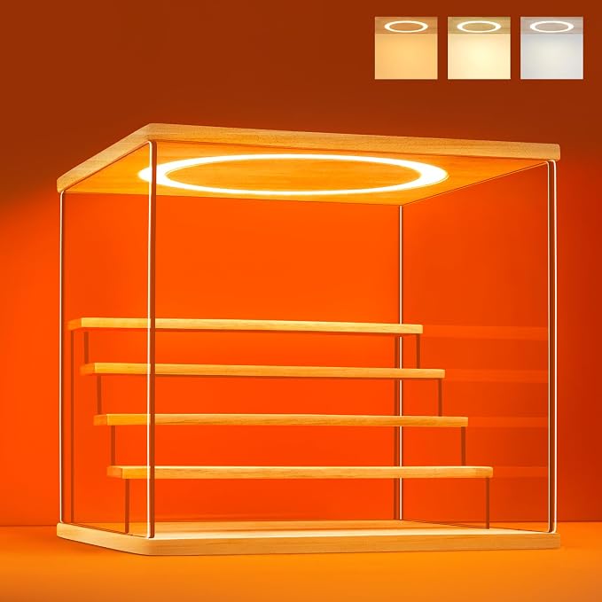 Acrylic Display Case with Adjustable LED Light, 5 Tier Clear Display Box Dustproof Showcase for Action Figures, Collectibles and Mini Toys, Assembly Display Cabinet(Wood 12.5×12.2×11.8in)