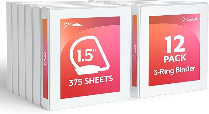 Cardinal Economy 3-Ring Binders, 1.5", Slant-D Rings, Holds 375 Sheets, ClearVue Presentation View, Non-Stick, White, Case of 12 (90751)