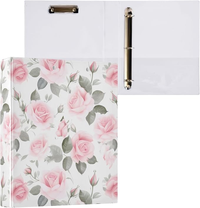 3 Ring Binder Pink Rose Floral Roses 1.5 inch Binders Three Ring Binders with Clipboard Fit 8.5'' x 11'' Paper 3 Interior PVC Clear Pockets for Office Supplies