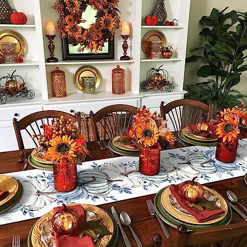 Fall Table Runner White Blue Pumpkin Table Runners Harvest Thanksgiving Blue Eucalyptus Leaves Cotton Linen Dresser Scarf Kitchen Dining Table Decor for Autumn Holiday Party Coffee 13x72 Inch