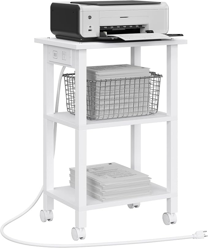 TUTOTAK Printer Stand, 3 Tier Rolling Printer Cart with Charging Station | Small Under Desk Printer Table with Wheels for Small Space, Office, Home, White PS02BW001