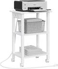 TUTOTAK Printer Stand, 3 Tier Rolling Printer Cart with Charging Station | Small Under Desk Printer Table with Wheels for Small Space, Office, Home, White PS02BW001